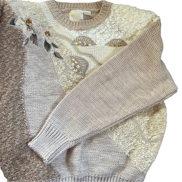 Vintage Needles & Yarn Abstract Floral Patchwork Sweater Neutral 80s Artsy M - Picture 6 of 13